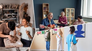 Collage di attività culturali e creative legate al Social Prescribing: due persone che lavorano l’argilla in un laboratorio di ceramica, un gruppo di adulti che suonano strumenti musicali con entusiasmo, e persone che visitano una mostra d’arte moderna