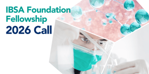 Grafica IBSA Foundation Fellowship Bando 2026 con ricercatore in laboratorio che utilizza provette, su sfondo scientifico stilizzato