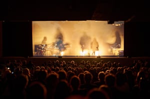 Pubblico seduto in sala durante lo spettacolo Nomadic di Telmo Pievani. Sul palco, dietro un velo illuminato da luci calde, si intravedono in controluce le sagome dei musicisti e performer