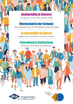 Cover of the PDF document *Parenting in Switzerland*, featuring an illustration of adults and children holding hands, symbolising families and parenting journeys in Switzerland