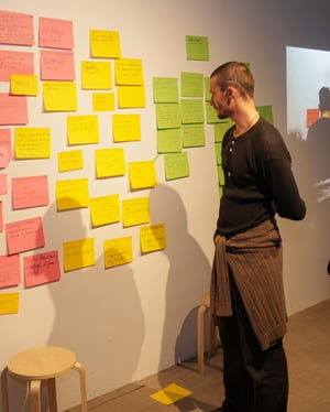 Persona in piedi davanti a una parete ricoperta di post-it colorati durante una sessione di brainstorming, mentre osserva e riflette sui contenuti scritti.